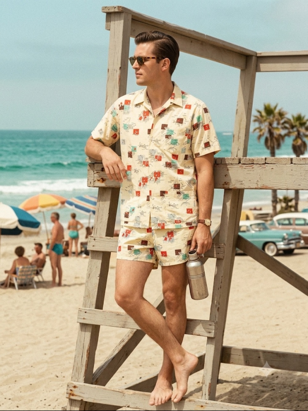 Jantzen Vintage Cream Printed Men’s Swim Set beach EUC medium mad men pockets